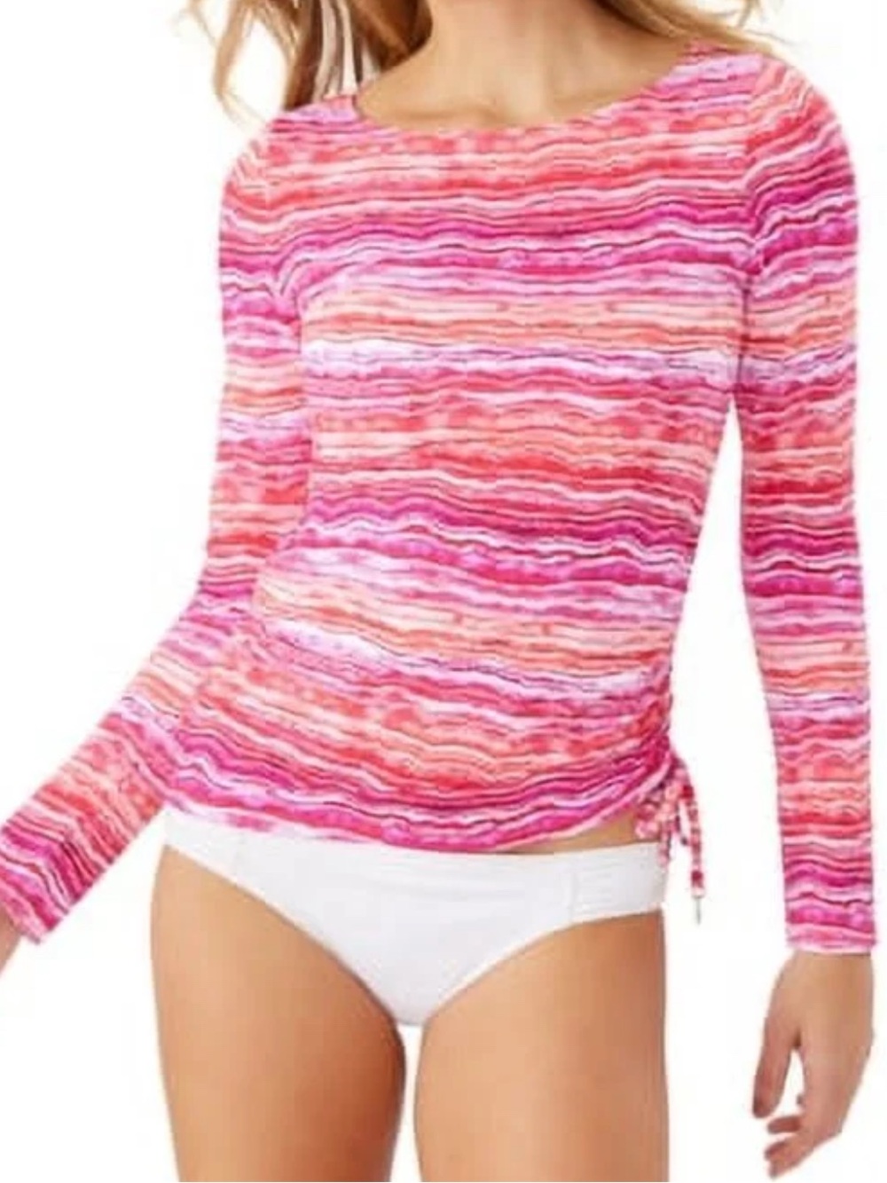 Tommy Bahama Pink & Coral Striped Long-Sleeve Ruched Side Swim Top, size M